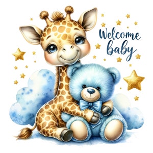 Może przedstawiać: Aquarela przedstawiająca żyrafę i niebieskiego pluszowego misia siedzącego na chmurze z złotymi gwiazdami. Tekst "Welcome baby" jest napisany czarnym kolorem nad zwierzętami.