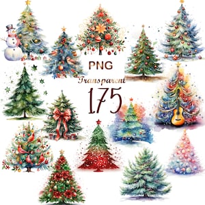 175 PNGs, Watercolor Christmas Trees Clipart, Painted Tree Clipart, Christmas Illustrations,PNG Graphics,Instant Download for Commercial Use