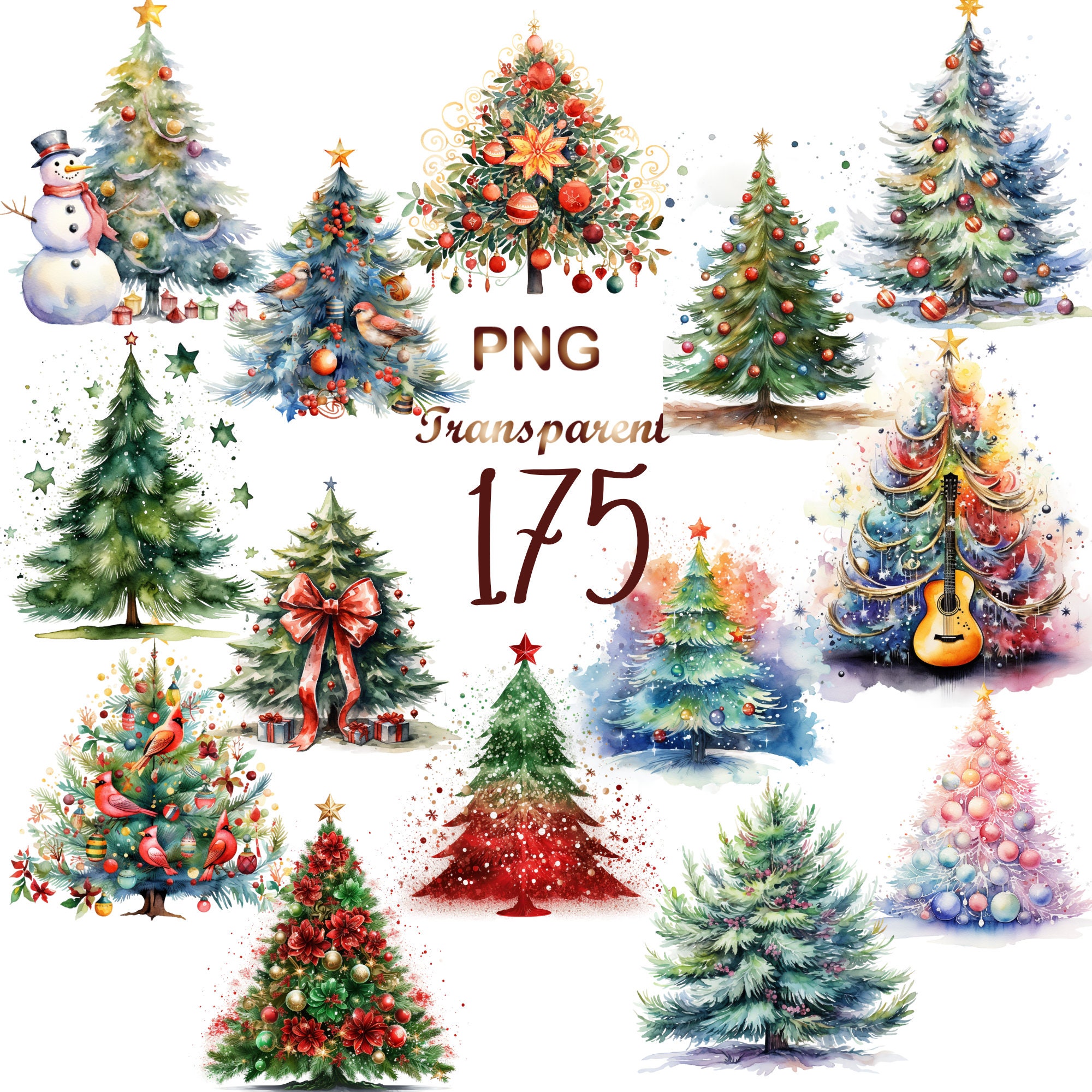 175 PNGs, Watercolor Christmas Trees Clipart, Painted Tree Clipart, Christmas Illustrations,PNG Graphics,Instant Download for Commercial Use