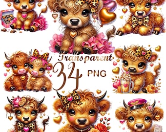 Valentine Highland Cow Clipart Bundle 34 PNG, Cute Baby Calf PNGs, Love Cows, Kawaii Animals, Chocolate, Hearts, Digital Download