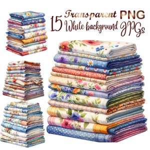 May include: Watercolor illustrations of stacked fabric bundles with floral and patterned designs. The image includes text that reads "Transparent PNG 15 White background JPGs". The fabrics feature a variety of colors, including blue, pink, yellow, and green.