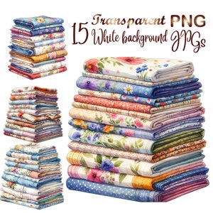 15 PNG/JPG, Stack of fabrics clipart, Sewing clipart, Home crafts, Commercial use, Digital Download