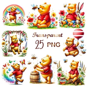 Lot de 25 cliparts aquarelle Winnie PNG, lot de cliparts Winnie, clipart ours mignon, décoration de chambre d'enfant, clipart anniversaire, usage Commercial