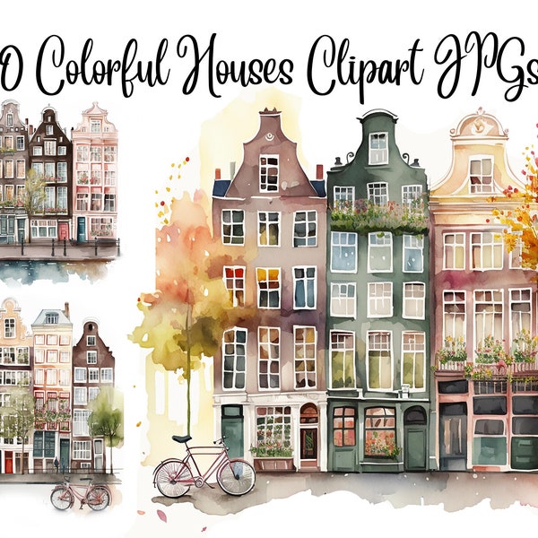 10 Watercolor Colorful Houses Clipart JPGs, Copy, Digital Planner, Paper crafts, Scrapbooking,  colorful house, Instant download, cute house