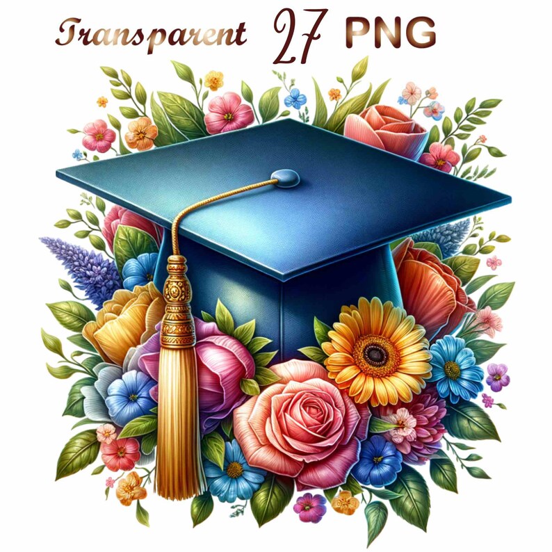May include: A blue graduation cap with a gold tassel surrounded by a colorful bouquet of flowers. The flowers include roses, sunflowers, and other blooms in shades of pink, yellow, blue, and purple.