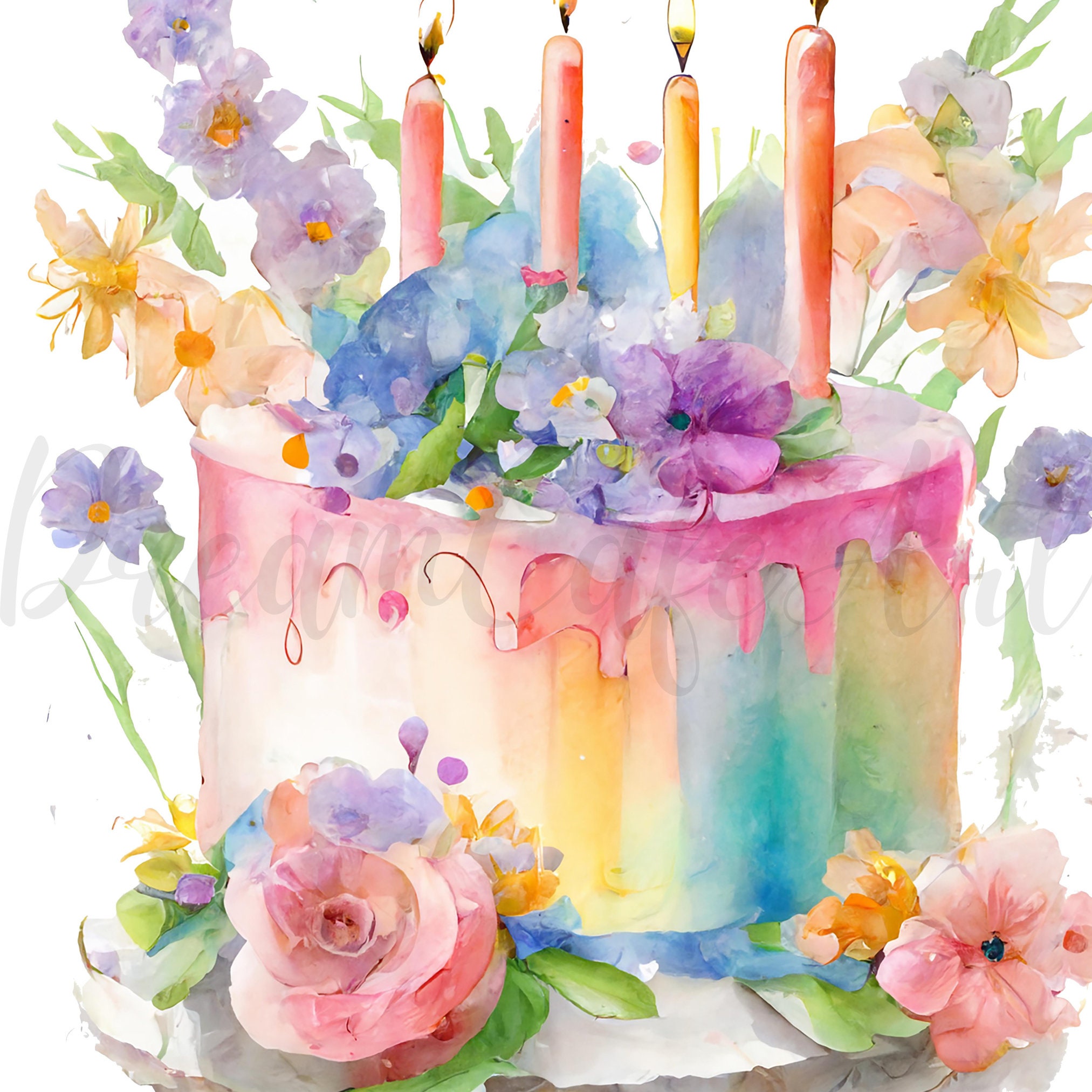 12 Jpgs, Watercolor Colourful Birthday Cake Clipart, Digital Planner ...