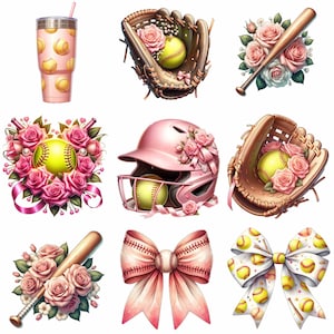 May include: A set of nine softball-themed digital clipart images. The images feature a softball helmet, a glove, a bat, a pitcher's water bottle, and a bow with softball designs. The images are decorated with pink roses and ribbons.
