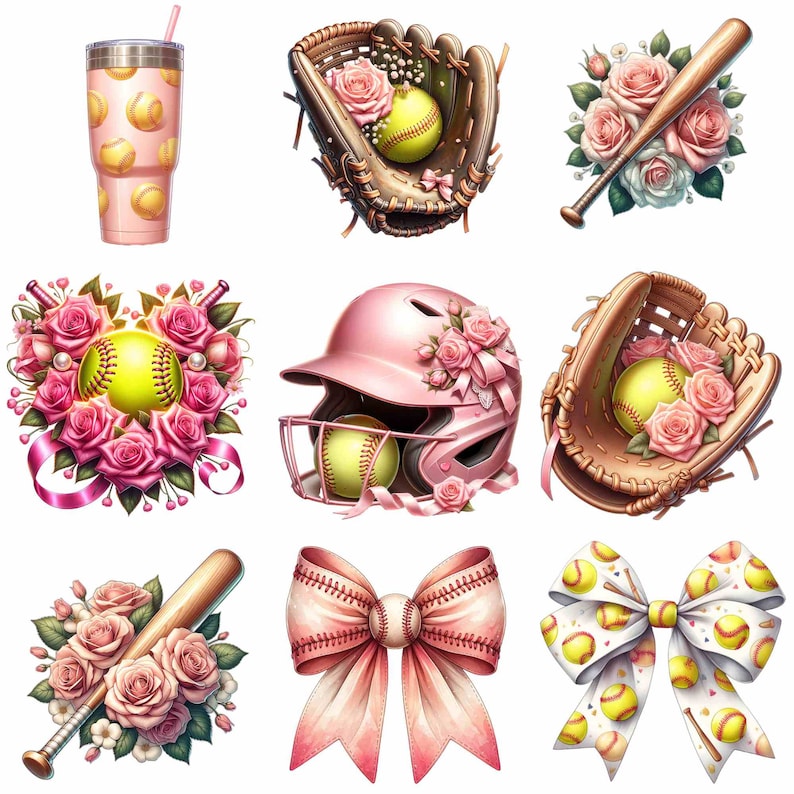 May include: A set of nine softball-themed digital clipart images. The images feature a softball helmet, a glove, a bat, a pitcher's water bottle, and a bow with softball designs. The images are decorated with pink roses and ribbons.
