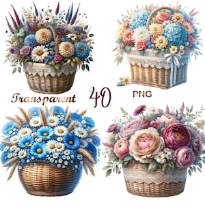 40 PNG, Basket Of Flowers Clipart, Basket of Wildflowers, sublimation design, commercial use, digital download