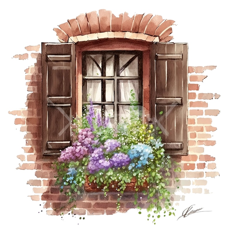 May include: Watercolor illustration of a window with open wooden shutters and a brick facade. A window box overflows with purple, blue, and green flowers. The window is framed by a brick arch.