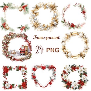 24 cadres de Noël aquarelle clipart, joyeux Noël vacances Couronne Clip art, hiver verdure frontière png, Noël Noël sublimation