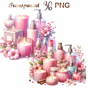 May include: A collection of pink and white candles, bottles, and jars with floral accents. The items are arranged on a white background.  The image includes the text "Transparent 36 PNG".