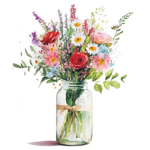 May include: A bouquet of colorful flowers, including pink, red, and white, arranged in a clear glass jar. The flowers are a mix of roses, daisies, and other blooms.