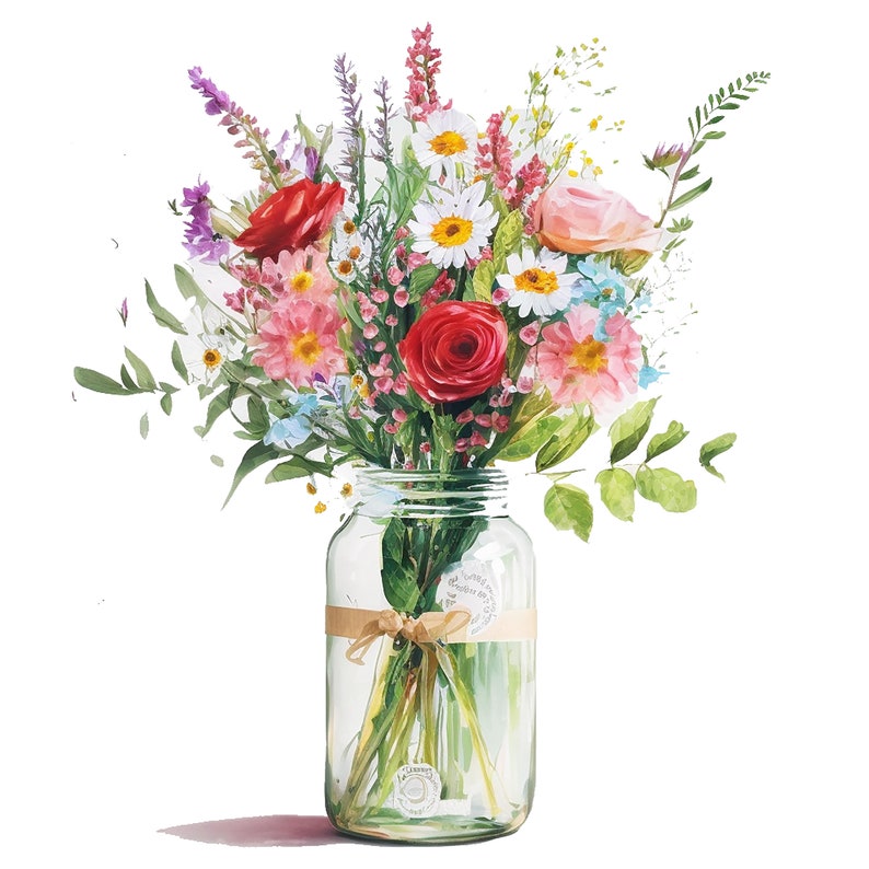 May include: A bouquet of colorful flowers, including pink, red, and white, arranged in a clear glass jar. The flowers are a mix of roses, daisies, and other blooms.