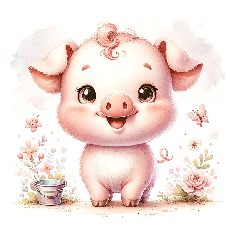 K&ouml;nnte beinhalten: Ein s&uuml;&szlig;es Cartoon-Schwein mit rosa Fell und einem lockigen Schwanz steht vor einem Eimer und Blumen. Das Schwein hat gro&szlig;e Augen und ein breites L&auml;cheln.