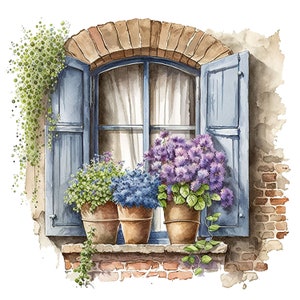 May include: Watercolor painting of a window with blue shutters and a brick arch. Three terracotta pots hold green, blue, and purple flowering plants. Trailing vines and a white curtain are visible through the window.