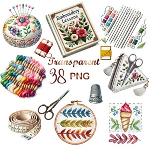 May include: A collection of embroidery supplies, including needles, thread, a thimble, a pincushion, a hoop, scissors, and a book titled "Embroidery Lessons".