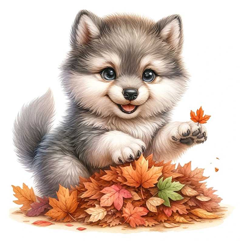 Puede incluir: Un lindo cachorro de lobo gris y blanco sentado en un mont&oacute;n de hojas de oto&ntilde;o coloridas. El cachorro de lobo est&aacute; sonriendo y sosteniendo una peque&ntilde;a hoja de arce roja en su pata.