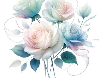 21 PNG, Pacchetto di clipart di fiori di rose ad acquerello, Pacchetto di clipart di fiori di rose, Clipart di rose, Rose pastello, Clipart di rose astratte, Download digitale