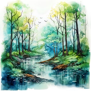 11 Clipart Foresta Magica - JPG di alta qualità - Download digitale - Creazione di biglietti, tecniche miste, artigianato con carta digitale, clipart acquerello, legno primaverile
