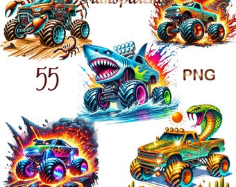 55 PNG、水彩モンスタートラッククリップアートバンドル、モンスタートラックアート、エクストリームオフロード車両クリップアート、商用利用、デジタルダウンロード
