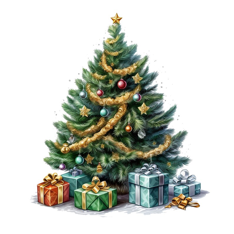 May include: A decorated Christmas tree with ornaments, garland, and a gold star on top. Several wrapped presents with bows in various colors are at the base of the tree. The tree is green with red, blue, and gold accents.