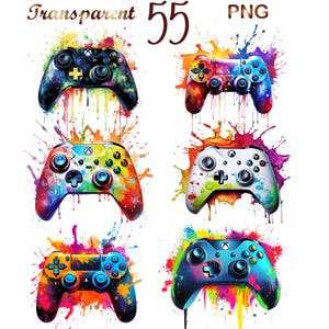 May include: Six colorful video game controllers with paint splatters. The controllers are in different colors, including blue, green, red, yellow, and white. The controllers are all in a similar style, with a black background and colorful paint splatters.