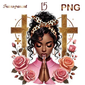 May include: A digital illustration of a Black woman with brown curly hair wearing a leopard print headband. She is praying with her hands clasped in front of her. She is surrounded by pink roses and two gold crosses.