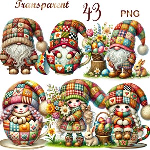 May include: Four gnomes with patchwork clothing and white beards. Two gnomes are sitting in teacups, one is holding a bouquet of flowers, and one is holding a basket of Easter eggs. The gnomes are surrounded by flowers and a white rabbit.