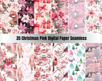 35 Printable Pink Christmas Digital Paper Seamless,Fantasy Noel Xmas Pages,Pastel Christmas Ephemera,Download Junk Journal, Scrapbooking
