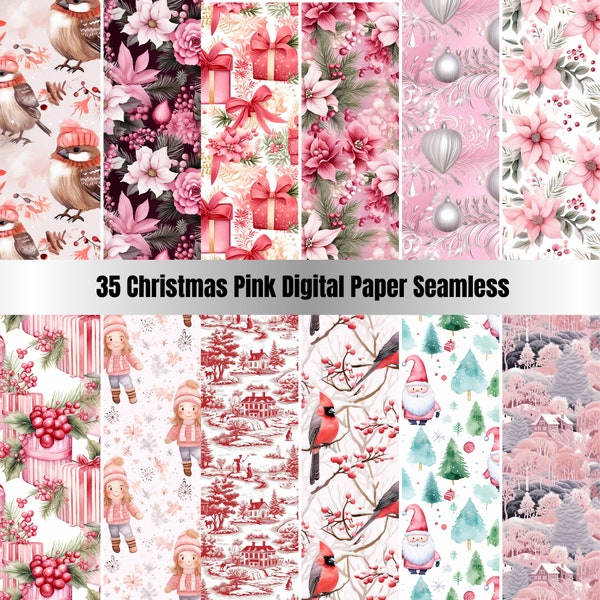 35 Printable Pink Christmas Digital Paper Seamless,Fantasy Noel Xmas Pages,Pastel Christmas Ephemera,Download Junk Journal, Scrapbooking