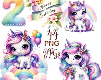 Puede incluir: Un conjunto de clipart digital que presenta un unicornio arcoíris con una melena y cola rosa, púrpura y azul. El unicornio está de pie sobre un arcoíris y nubes. También hay un número 2 con un diseño de arcoíris y una pancarta que dice "Feliz cumpleaños".