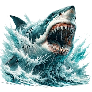 May include: A large great white shark with its mouth open, showing sharp teeth, emerging from the water with a splash of white foam.