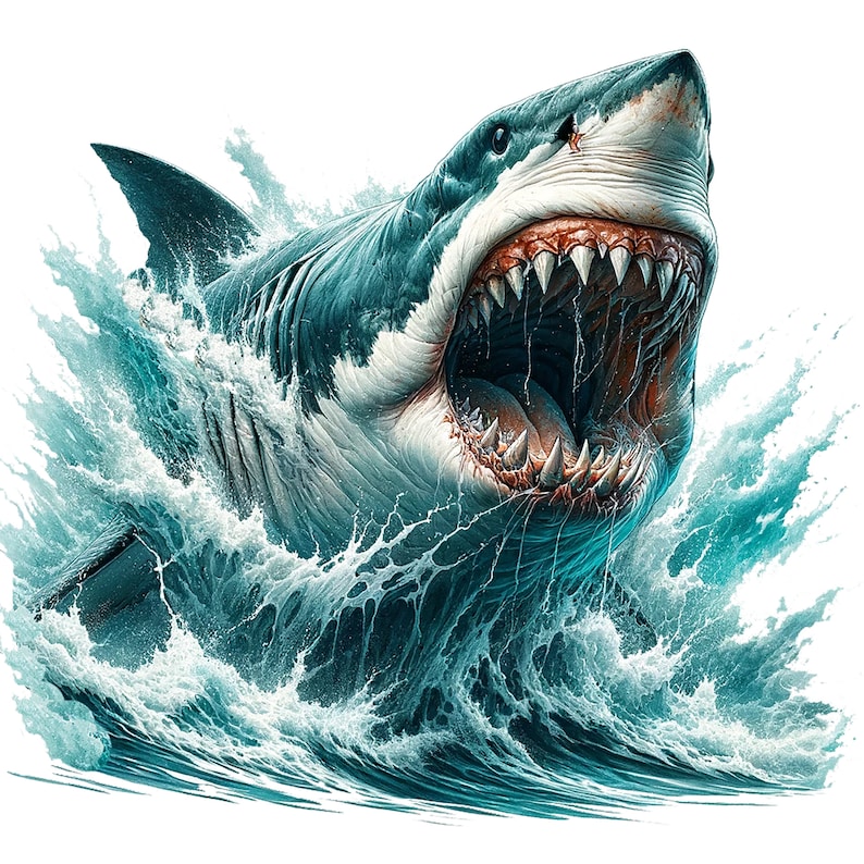 May include: A large great white shark with its mouth open, showing sharp teeth, emerging from the water with a splash of white foam.