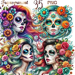 35 PNG Sugar Skull Clipart bundle, set 2,  Day of the Dead Graphics designs,La Catrina Printables,Digital Download,Commercial Use for Crafts