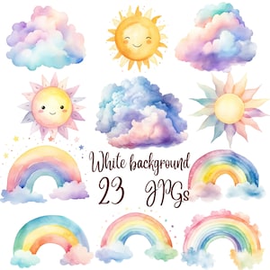 23 Watercolor Pastel Rainbow Clipart Bundle, JPGs,Sun,Clouds, Rainbow, Commercial Use, Digital Download, Rainbow art, Watercolor clipart