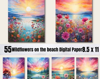 55 Wildflowers on the beach Digital  Paper,JPGs, Wildflowers Background,Magical beach Backdrop,Enchanted Sunset Dawn Junk Journal Paper