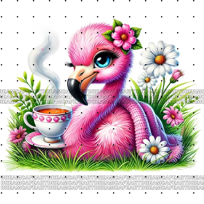 Op de afbeelding: Een roze flamingo met blauwe ogen en een bloemenkroon houdt een theekopje vast met een roze en wit ontwerp. De flamingo zit in een grasachtig gebied met bloemen.