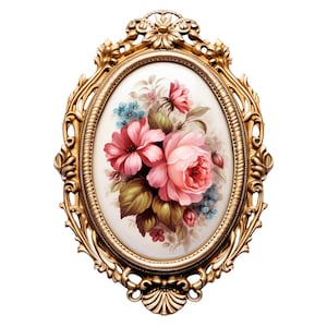 May include: An oval-shaped picture frame with ornate gold detailing. The frame contains a painting of pink, red, and white roses with green leaves and blue flowers.