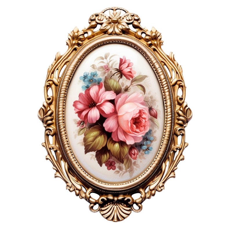 May include: An oval-shaped picture frame with ornate gold detailing. The frame contains a painting of pink, red, and white roses with green leaves and blue flowers.
