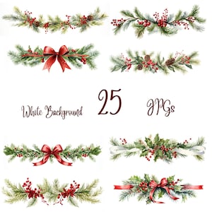 25 Christmas garland Clipart - High Quality JPGs - Digital Planner, Junk Journaling, Watercolor, Commercial Use - Digital Download