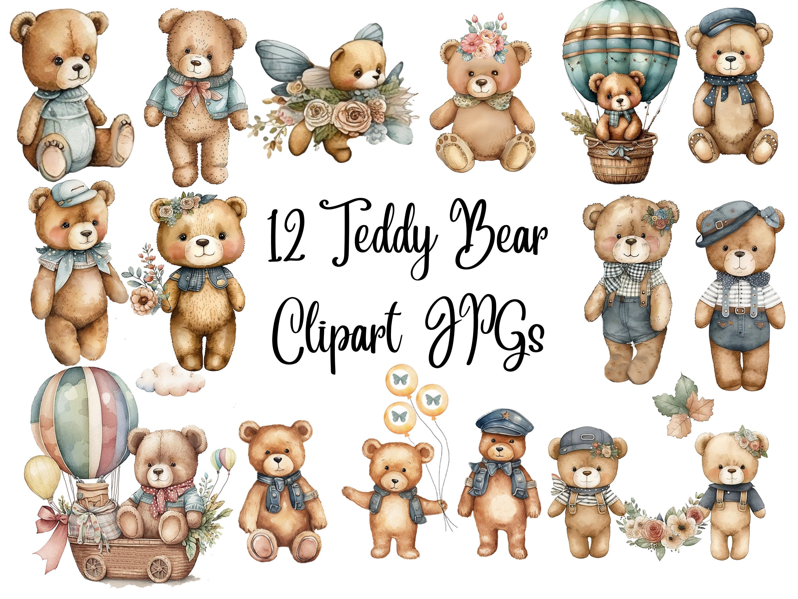 12 Watercolor Teddy Bear Free Commercial Use Digital Images 