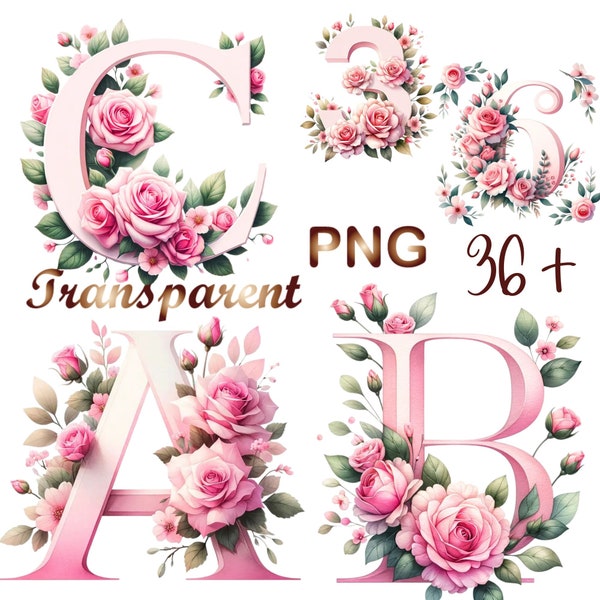 36+ PNG, Watercolor Floral Alphabet Collection Clipart, Pink Alphabet Clipart, Baby Milestone Clipart, Pink Flowers Bundle, Commercial Use