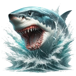 May include: A great white shark with its mouth open, showing its sharp teeth, leaps out of the water, creating a spray of water droplets.