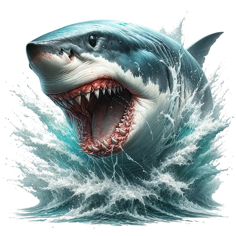 May include: A great white shark with its mouth open, showing its sharp teeth, leaps out of the water, creating a spray of water droplets.