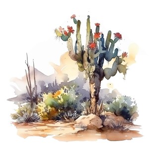 Puede incluir: Pintura acuarela de un paisaje des&eacute;rtico con un cactus de chumbera en el centro. El cactus tiene tallos verdes y azules con flores rojas. El fondo es un lavado suave de amarillo, naranja y marr&oacute;n.