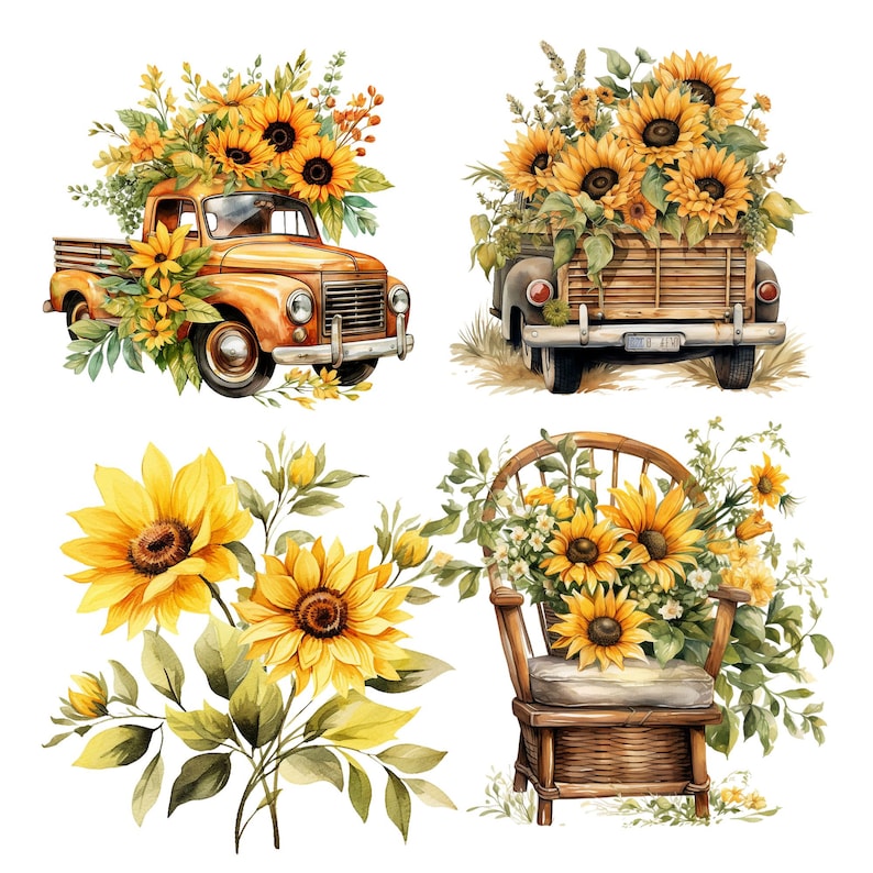 Puede incluir: Cuatro ilustraciones de acuarela con girasoles y camiones vintage. La primera imagen muestra un cami&oacute;n amarillo con una caja llena de girasoles. La segunda imagen muestra un cami&oacute;n marr&oacute;n con una caja llena de girasoles. La tercera imagen muestra un ramo de girasoles. La cuarta imagen muestra una silla de mimbre con un coj&iacute;n y un ramo de girasoles.