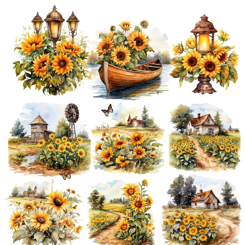 Puede incluir: Un collage de pintura acuarela con girasoles, casas de campo y un barco. El collage est&aacute; dividido en nueve secciones, cada una representando una escena diferente. Las escenas incluyen un barco en un lago, una casa de campo con un molino de viento, una casa de campo con un jard&iacute;n y una casa de campo con un camino que lleva a un campo de girasoles.