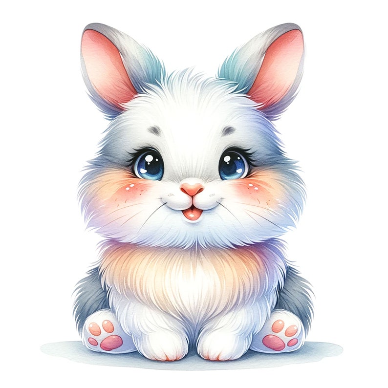May include: A cute cartoon bunny with white fur, blue eyes, and pink cheeks. The bunny is sitting on a white background.