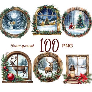 Peut inclure: Une collection de six motifs de cadres de fenêtre sur le thème de Noël à l'aquarelle. Chaque cadre présente une scène hivernale, dont un ange, le Père Noël, un sapin de Noël et des cerfs. Le texte "Transparent 100 PNG" est également inclus.